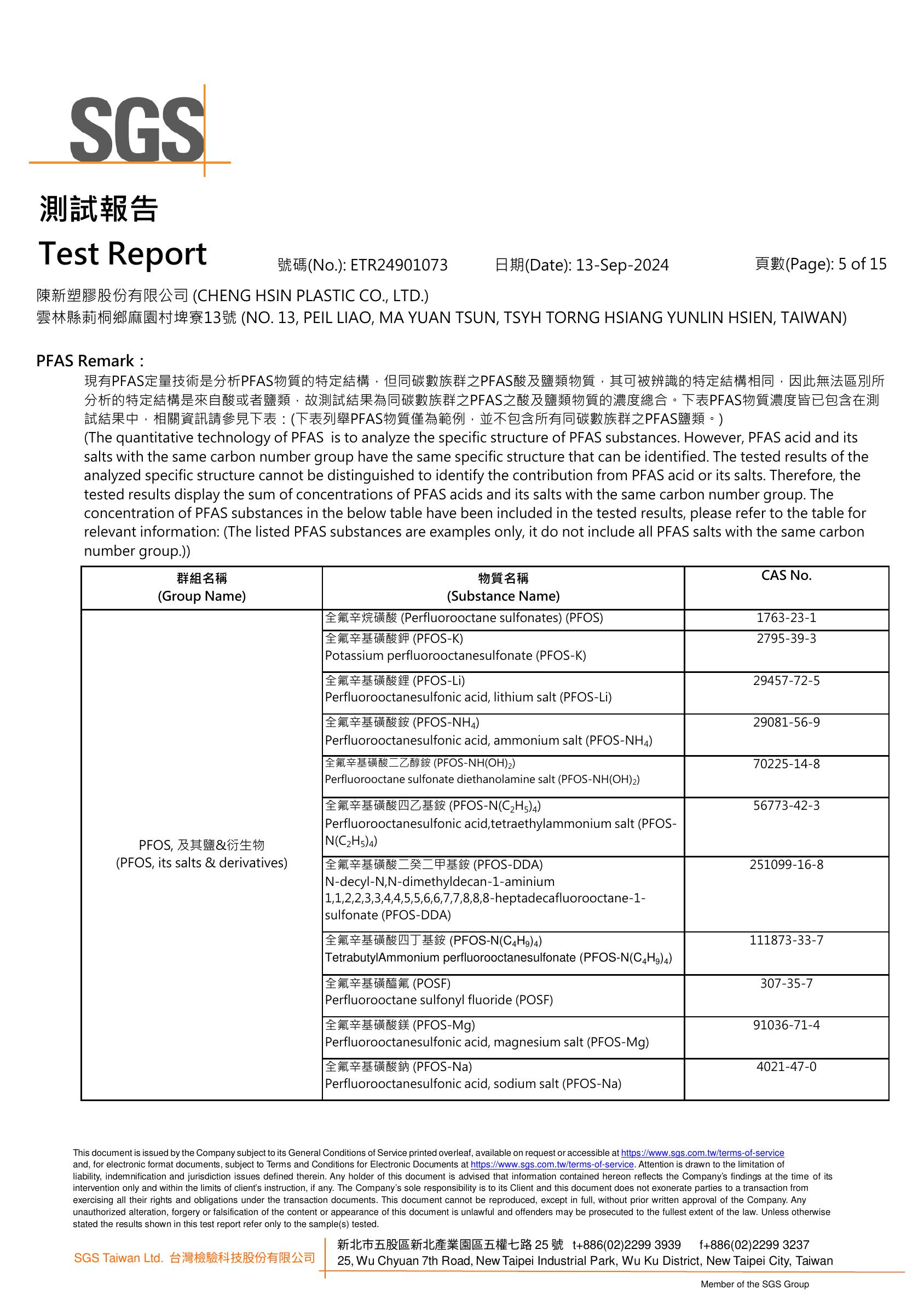 SGS夾鏈袋檢測報告第5頁-PFAS全氟/多氟烷基物質說明清單(一) 