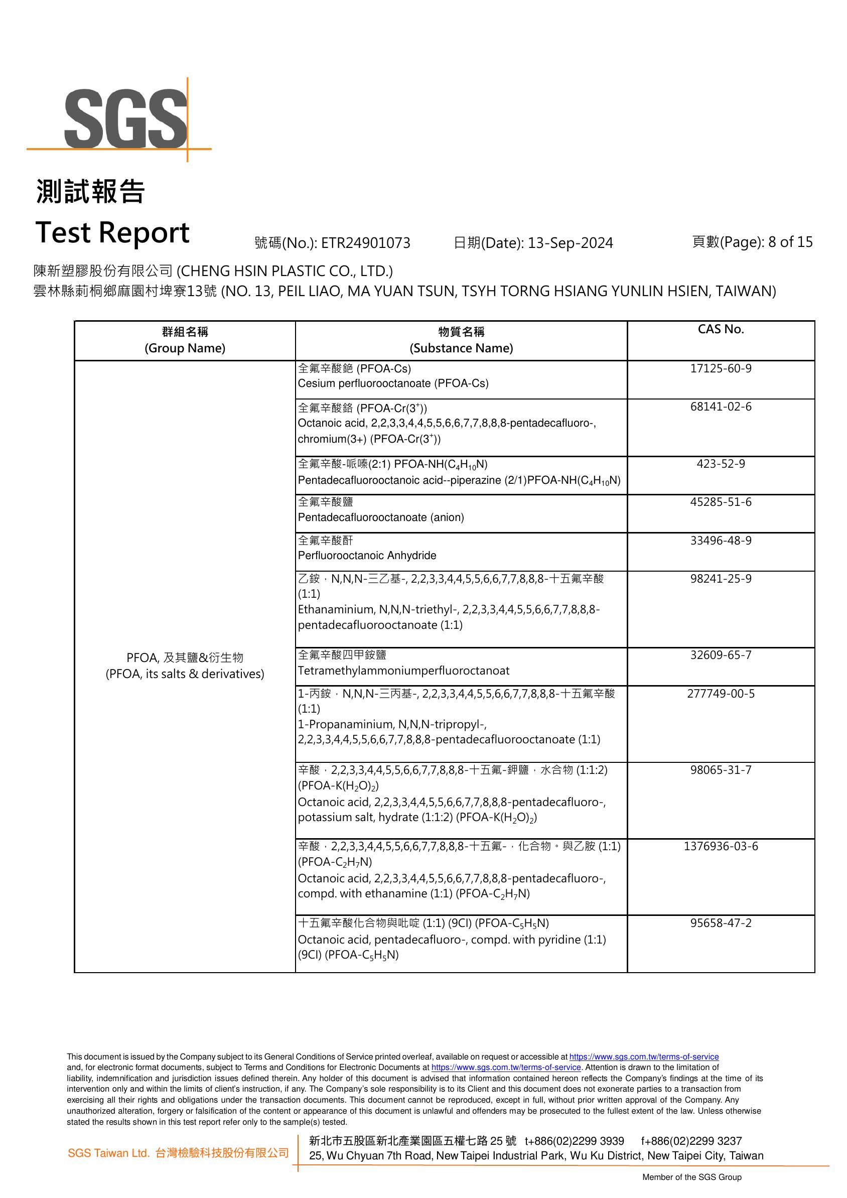 SGS夾鏈袋檢測報告第8頁-全氟辛酸PFOA鹽類物質檢驗清單(四)
