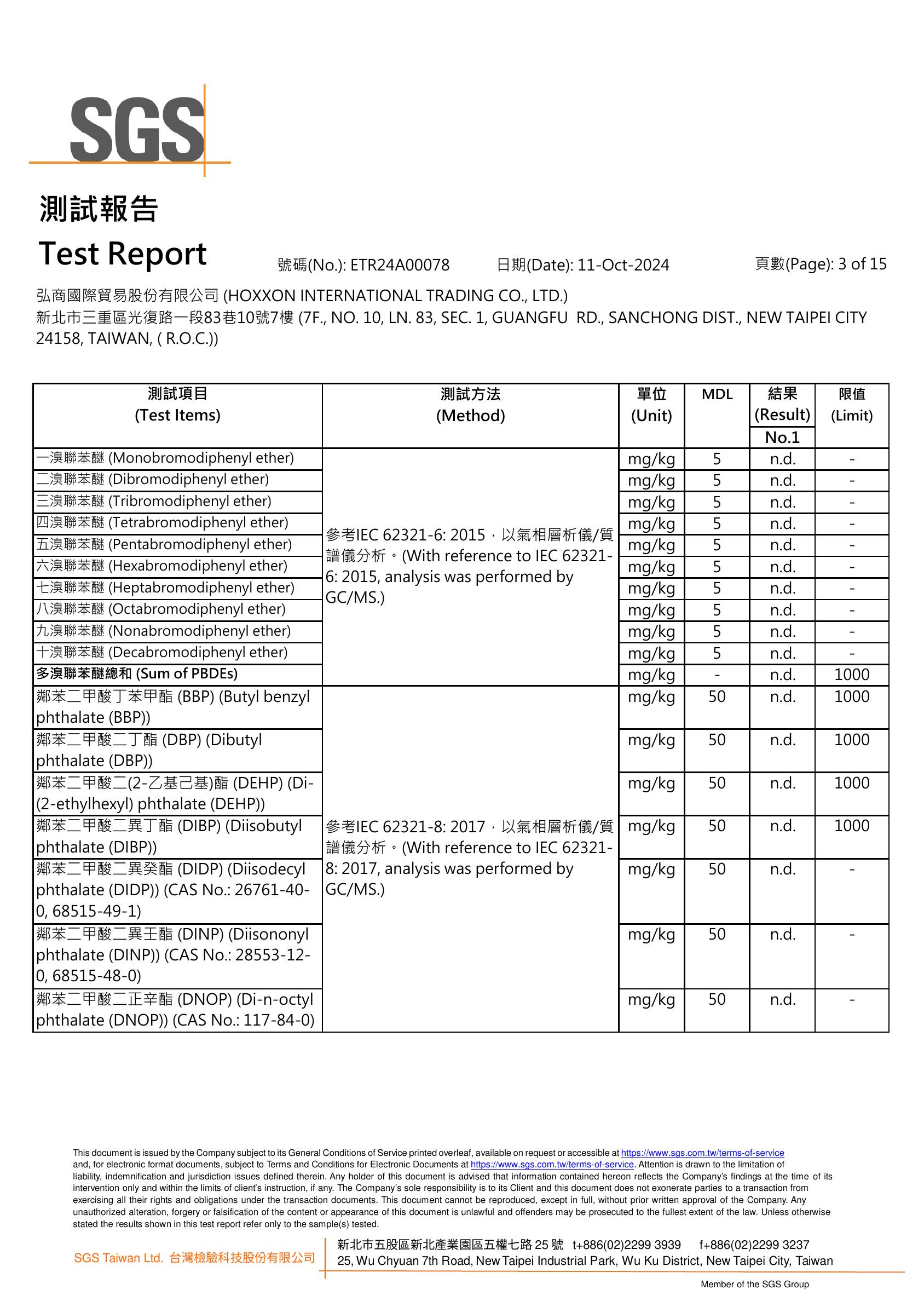 &bull;	SGS原料報告第3頁-多溴聯苯醚PBDE與鄰苯二甲酸酯塑化劑檢驗