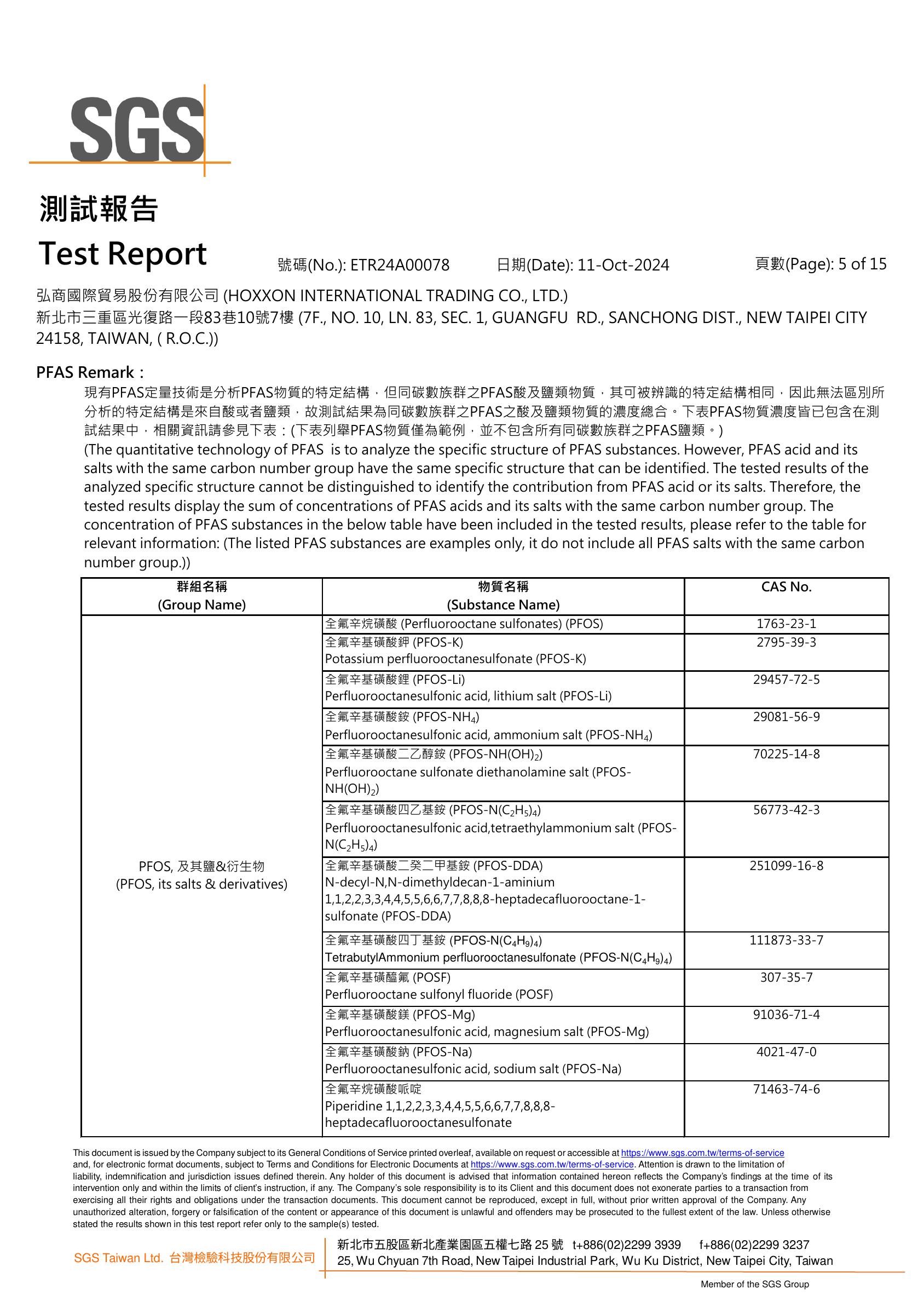 SGS原料報告第5頁-PFAS全氟與多氟烷基物質說明清單(一)